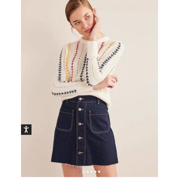 Boden Button Through Denim Mini Jean Skirt Button Down Dark Wash Raw Hem 2 - Picture 1 of 7